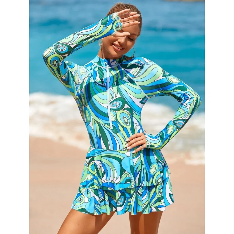 

Blue Abstract Print Front Zip Boyleg Long Sleeve One-piece Women Rash Guard Swimdress
