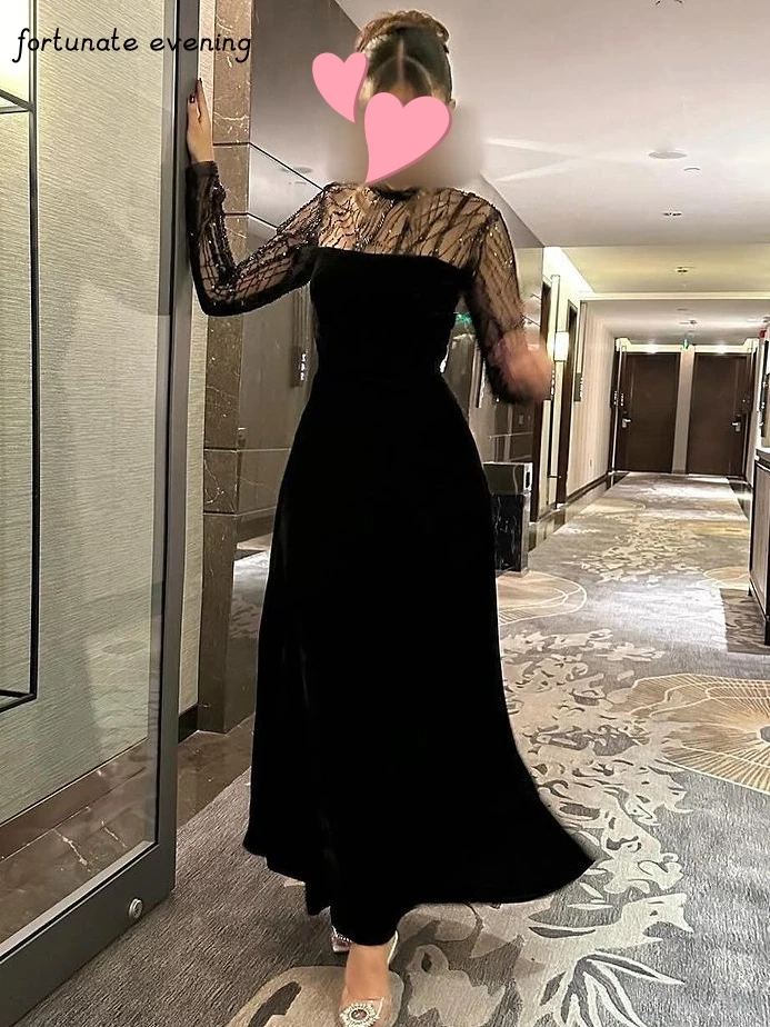 Fortunate Evening Elegant Vintage Sexy Black Velvet Beading Lace Customized Formal Occasion Prom Dress Evening Party Gowns