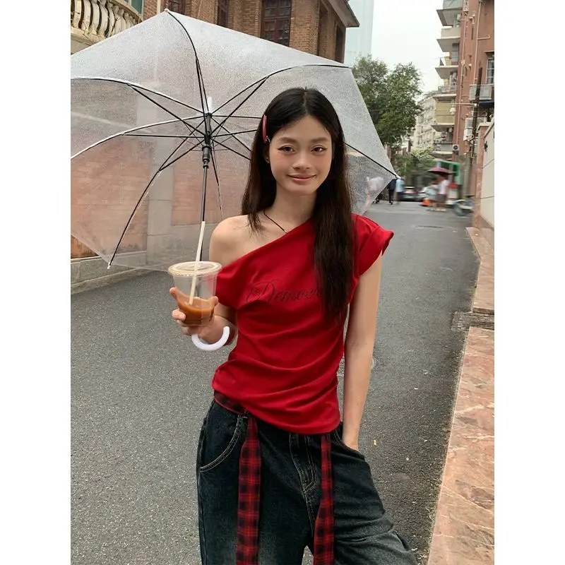 

Women Clothing High Street Print Letter Off Shoulder T Shirts Short Sleeve Loose Youth Casual Tops Summer Sexy Korean Fashion