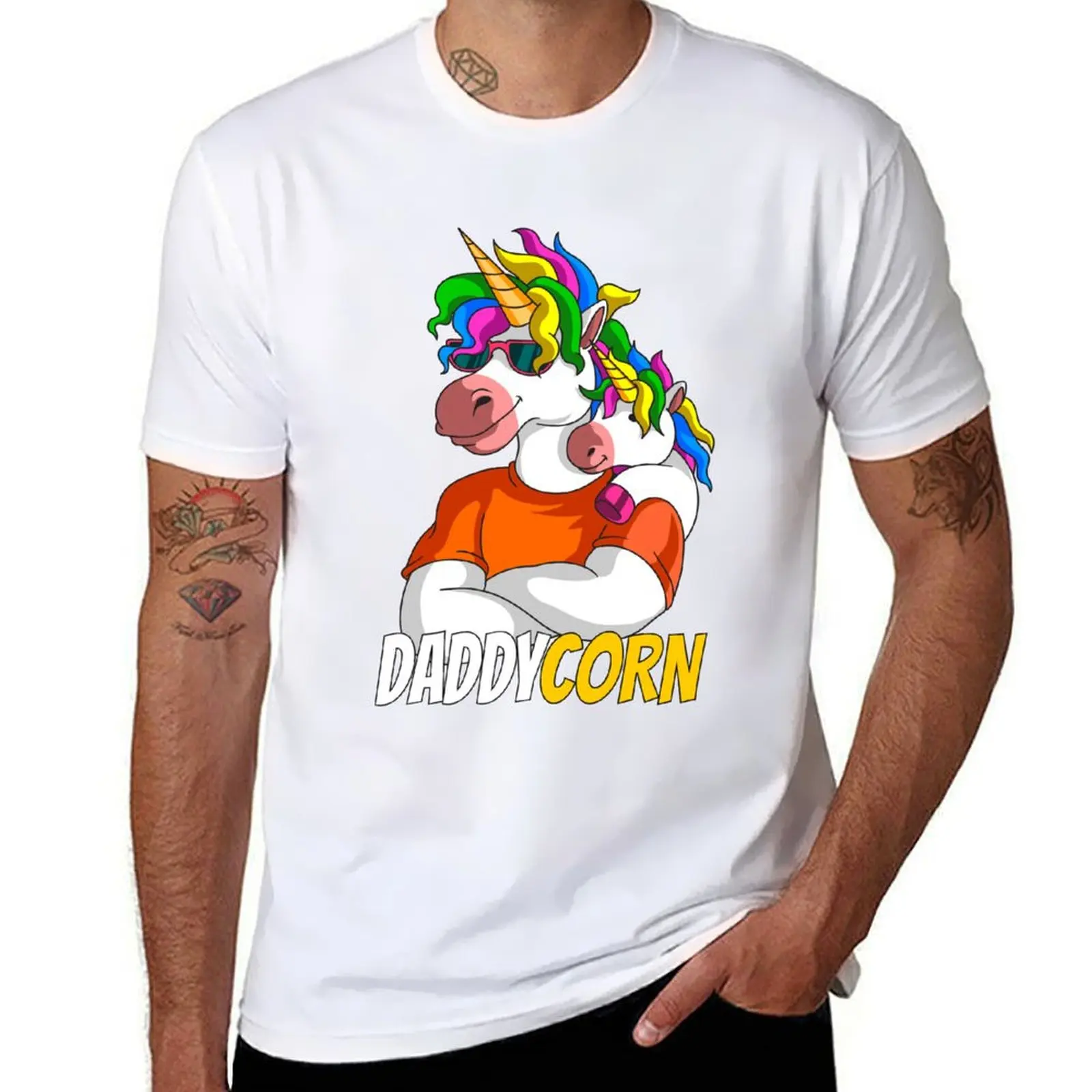 daddycorn unicorn father's day gift T-Shirt Simple Solid Color Crew Neck Tee