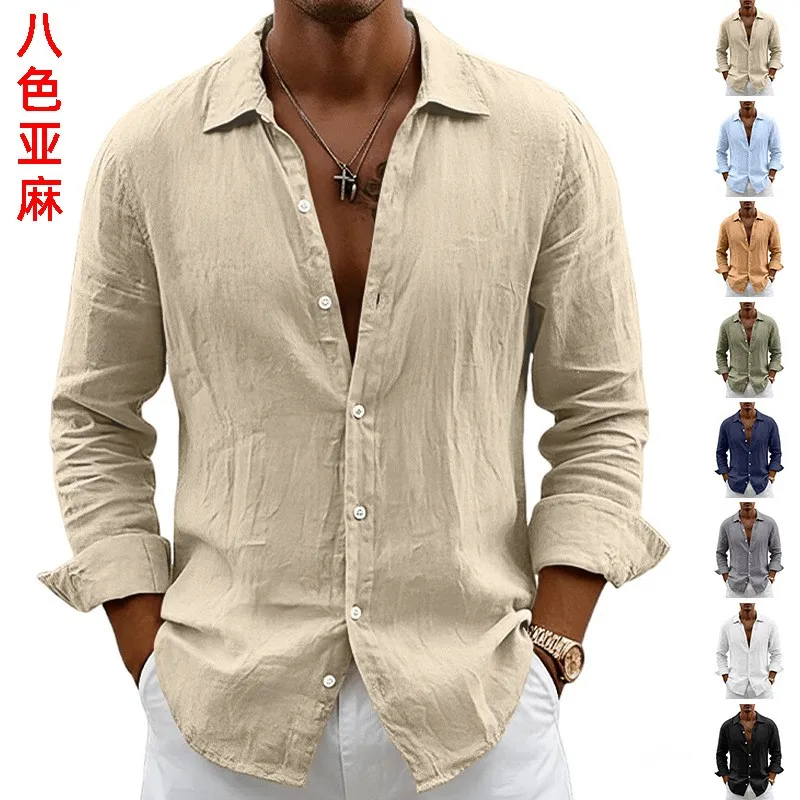 

Summer Shirt Linen Blend Lightweight Shirts Beige Notched Collar Navy Blue Button Down Shirt White Rolled Cuff Loose Fit Casual