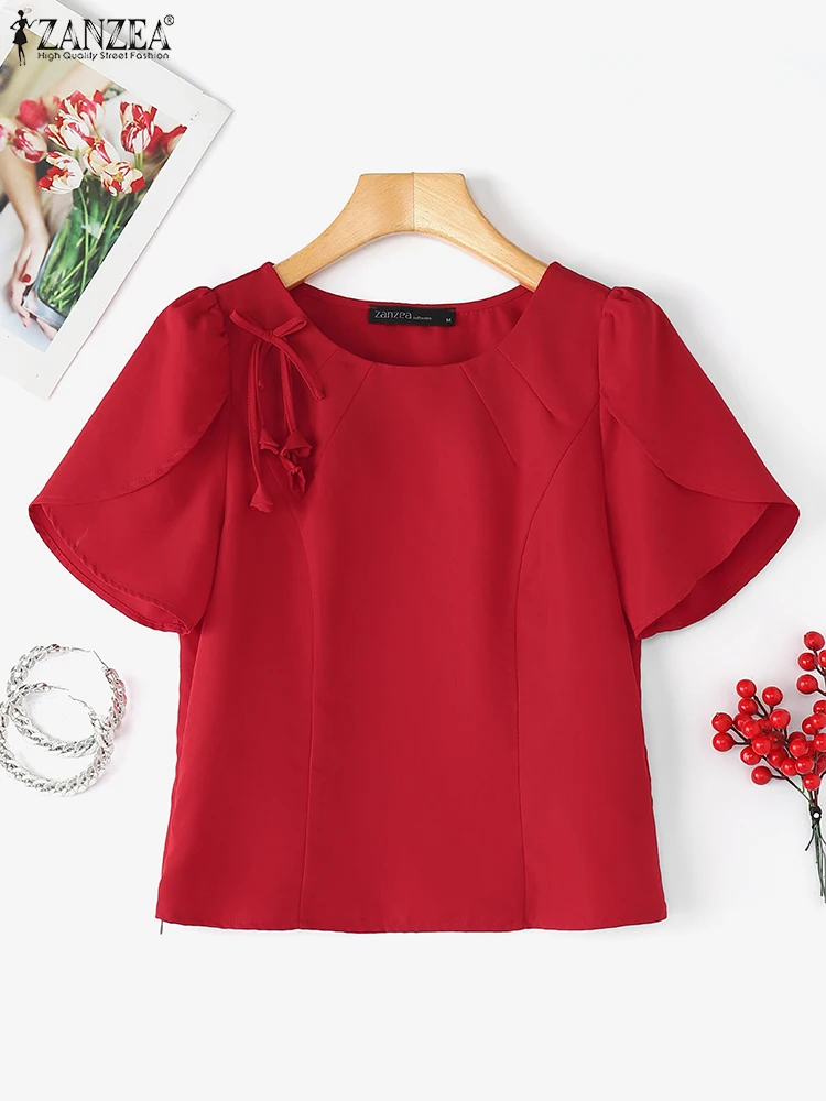

ZANZEA 2025 Elegant Blouses Women Fashion Lace-up Pleated Tops Casual Loose Blusas Summer O-Neck Bow Solid Color Pullover