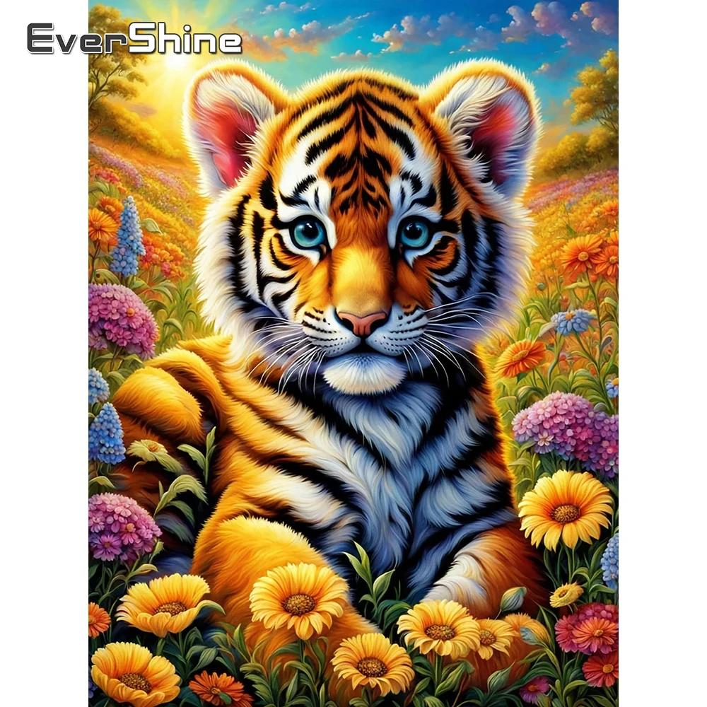 EverShine Diamant-Stickerei Tiger Mosaik Tier Vollquadrat DIY Malerei Gänseblümchen Bild Strass 5D Wanddekoration