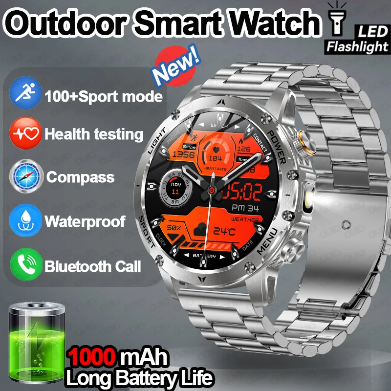

Новинка 2025 года, умные часы с аккумулятором 1000 мАч, компас, светодиодный фонарик, 100 + спортивные глубокие водонепроницаемые умные часы с пульсометром и вызовом Bluetooth