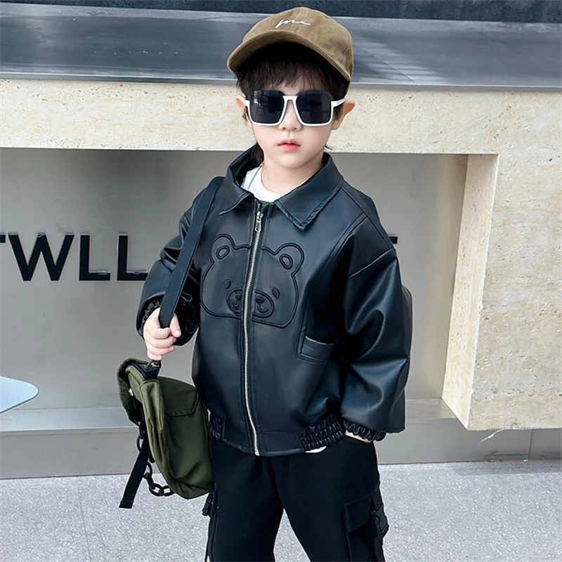 

PU Leather Jackets Kids Boys Girls Classics Lapel Zipper Outerwear Autumn Fly Coats Fashion New Sport Casual Clothing 1-8 Years