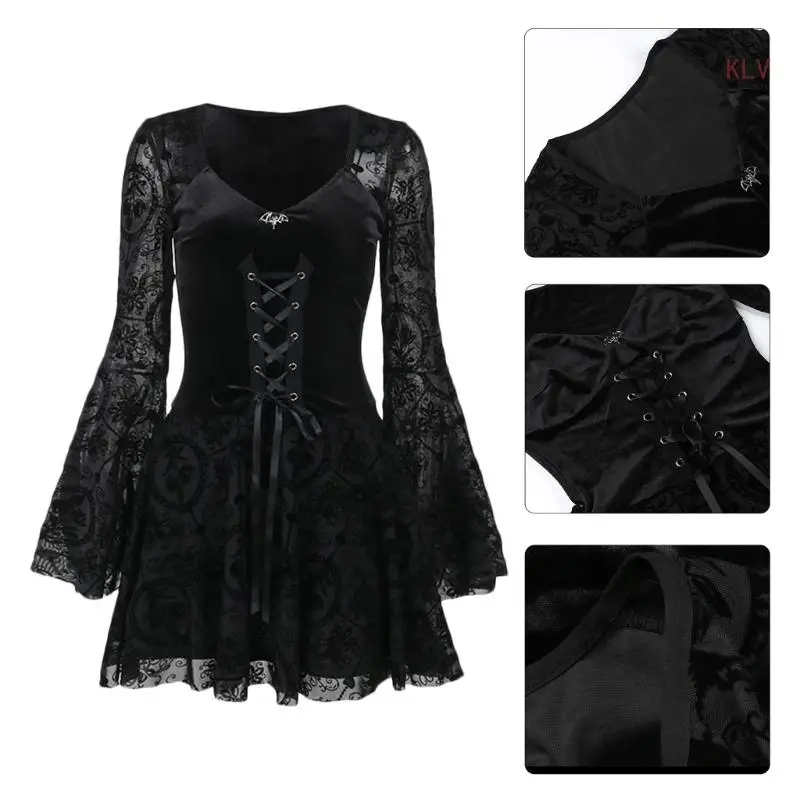 สไตล์สีดำ Draped Bodycon ชุดเดรสแขนยาวสไตล์โกธิคเดรสแฟชั่นวินเทจกระโปรงยาว Belled Sleeve Design 6XDA
