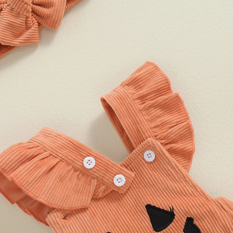 Вельветовый костюм для маленьких девочек на Хэллоуин, осенний костюм с вышитыми тыквами и оборками, комбинезоны с квадратным вырезом, комбинезон, повязка на голову, наряды