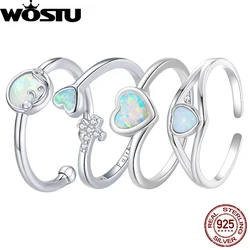 WOSTU 925 Sterling Silver Classical Love Heart Rainbow Opal Open Ring For Women Anniversary Jewelry Gift Adjsutable Size FNR234
