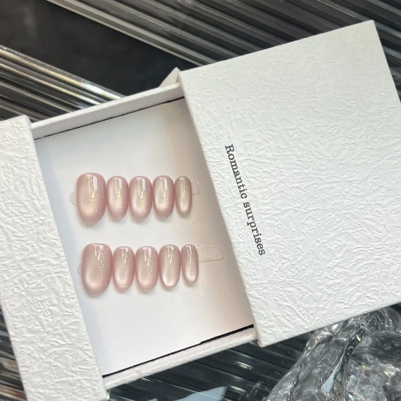 

10PCS Sweet Pink Cat Eye Handmade Press on Nails Full Cover Simple Pure Color Short Oval Wearable Fake Nails Finished with Charm