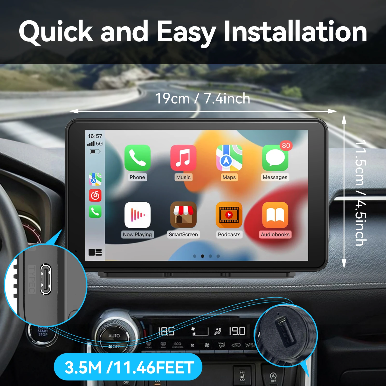 Pantalla táctil inteligente portátil CarPlay de 7 pulgadas con estéreo para coche, Android Auto inalámbrico/Enlace de espejo/conexión auxiliar/FM