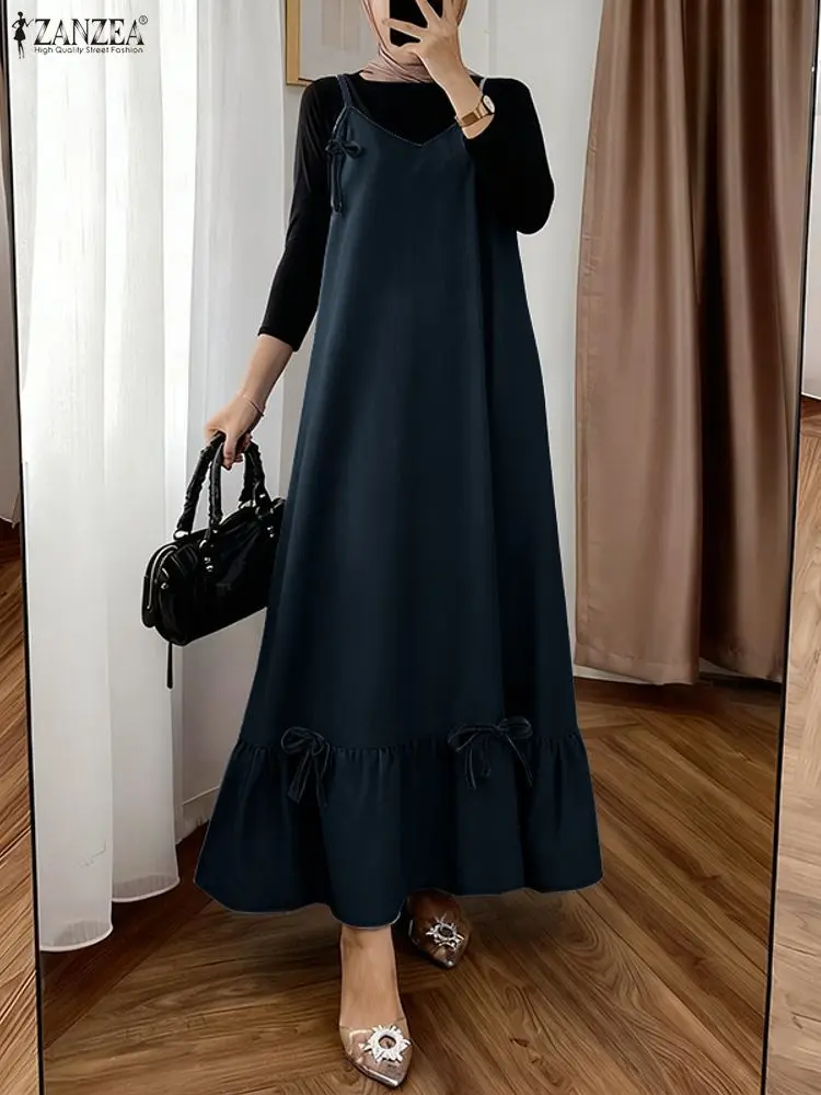 فستان خريف 2025 من ZANZEA عباية إسلامية فستان صيفي بدون أكمام من قماش الدنيم فستان صيفي أزرق رداء نسائي ملابس إسلامية