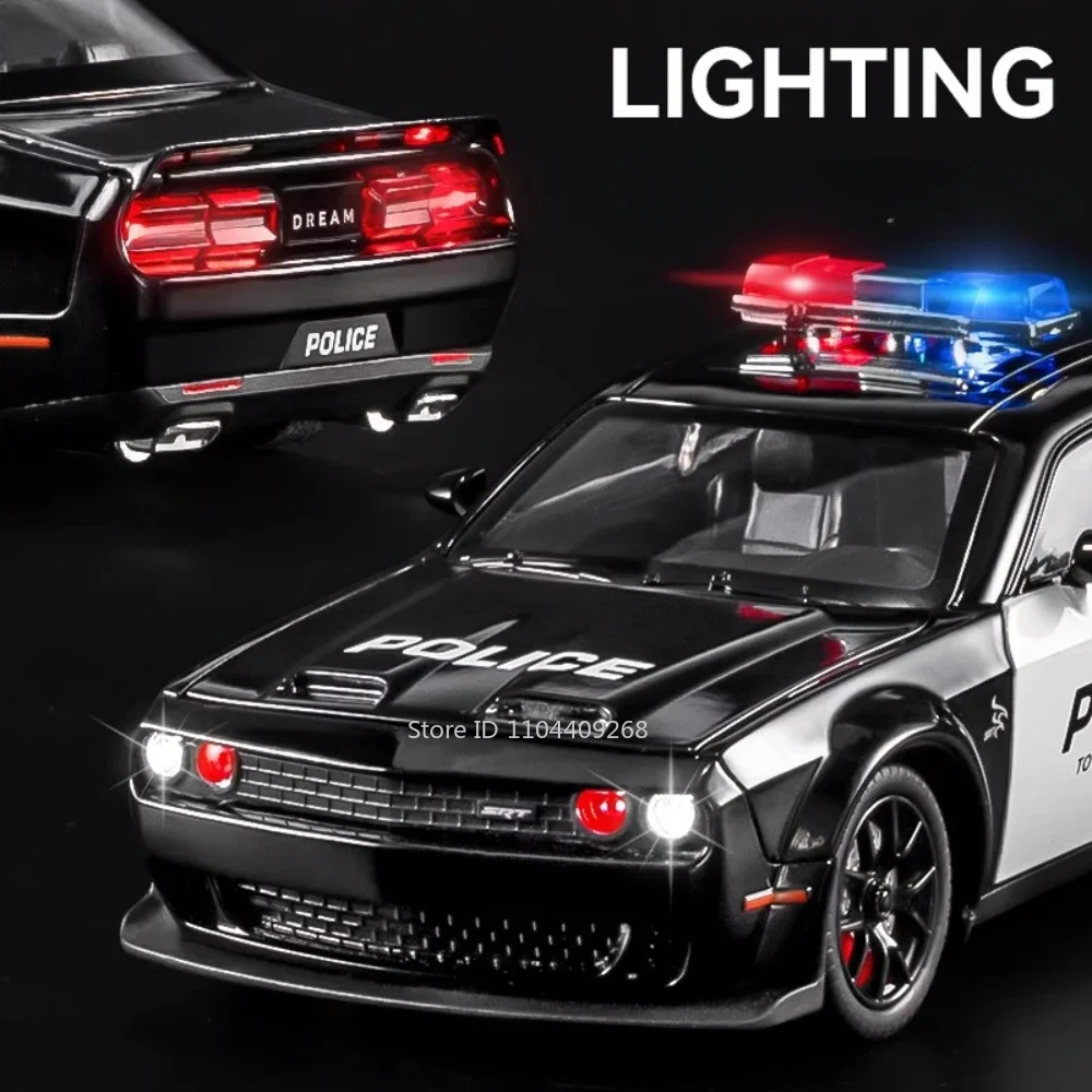1:24 スケール チャレンジャー SRT ヘルキャット パトカー チャージャー 1970 モデル おもちゃ プルバック ライト ミュージック ミニチュア車両 子供向けコレクション