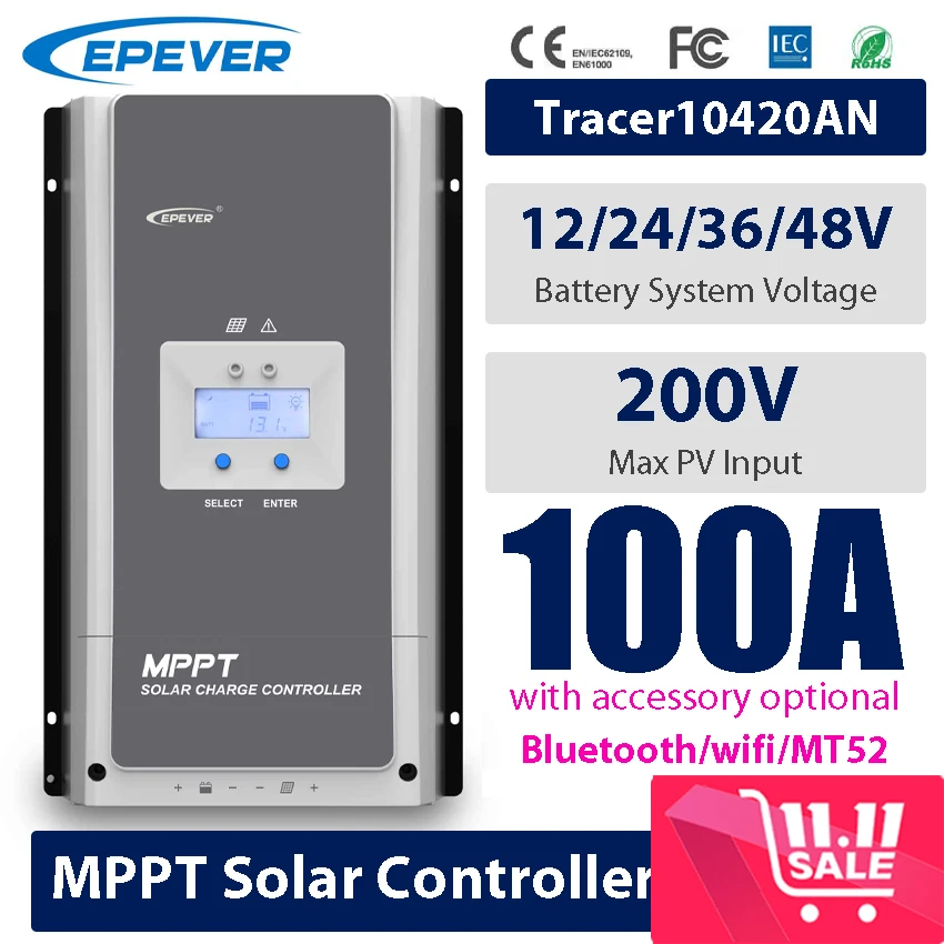 EPEVER Tracer10420AN 100A MPPT Solar Charge Controller Battery 12/24/36/48Vdc Max Solar Panel Input 200V