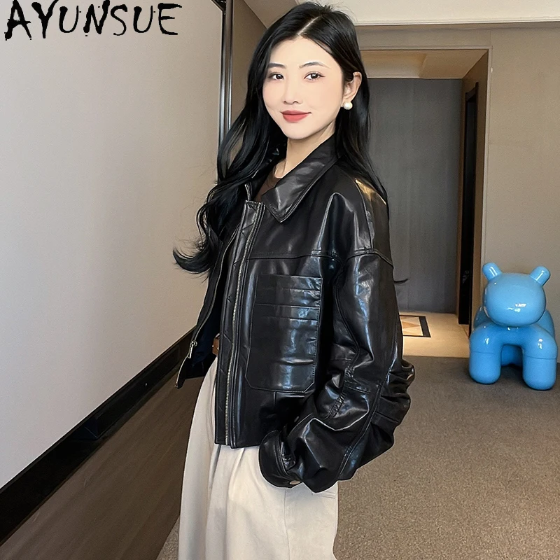 Ayunsue 100% genuíno pele de carneiro jaqueta feminina moda cera óleo jaqueta de couro mulher roupas 2025 outono alta qualidade abrigo mujer