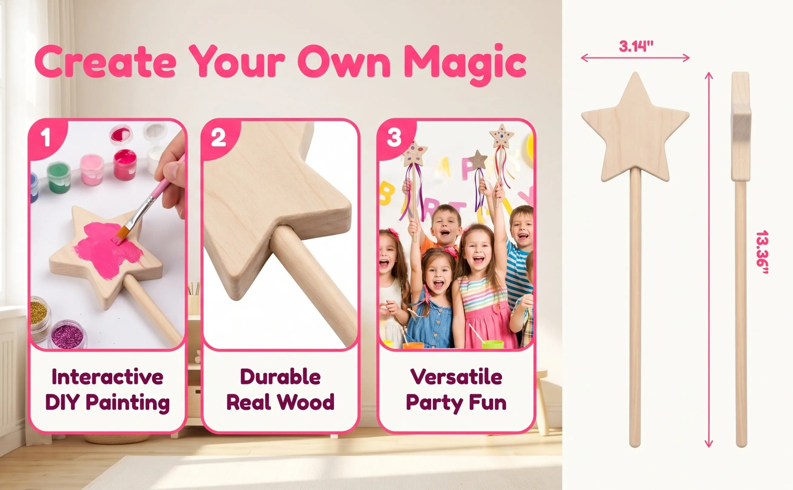 10pcs Star-Shaped Wooden Fairy Wands – Unfinished DIY Craft Sticks for Art Projects & Hand-Eye Coordination