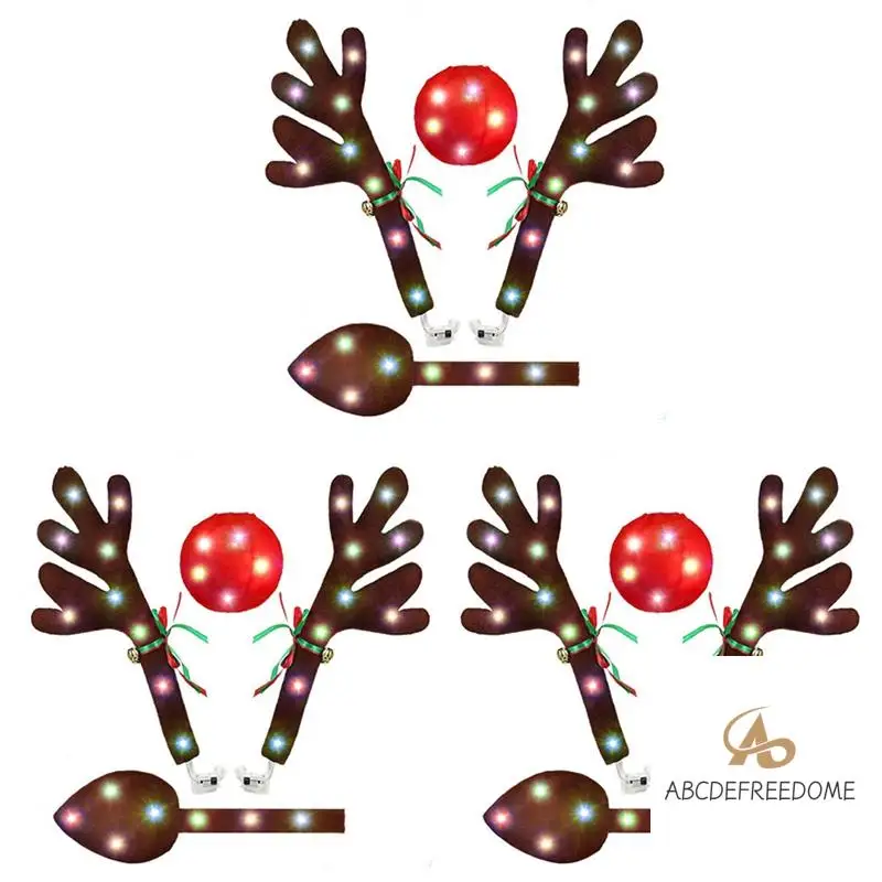 

3 Set Car Reindeer Antlers,Antlers Car Kit With LED Lights,Reindeer Car Kit Antlers,Nose,Tail,Christmas Decorations