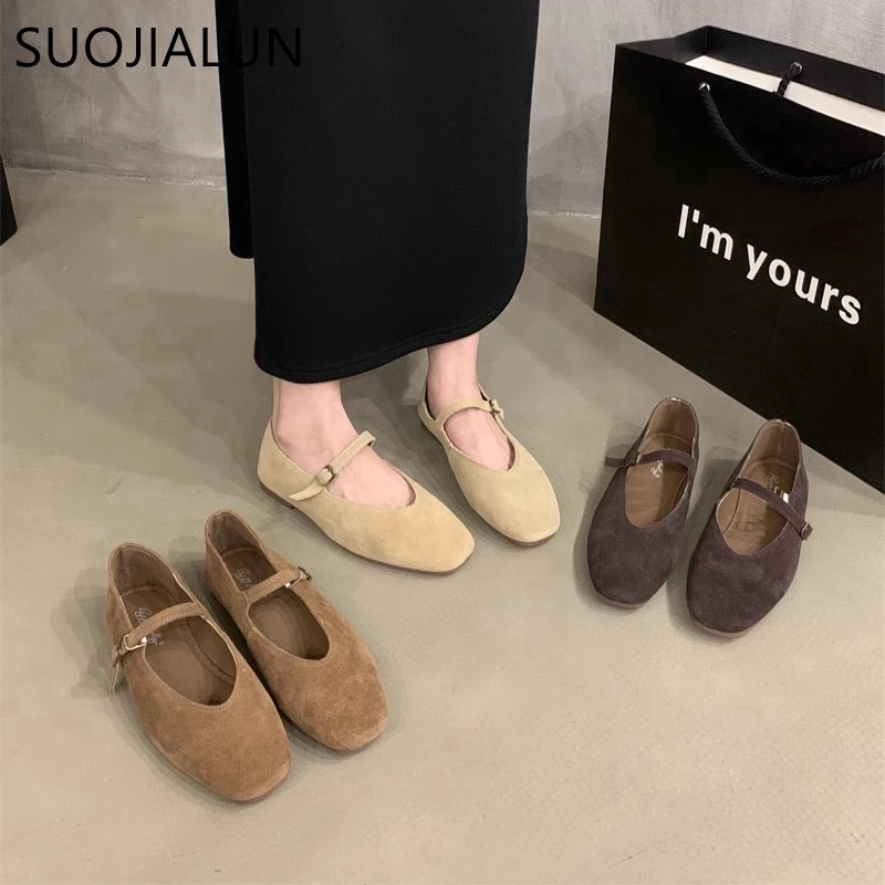 SUOJIALUN 2024 Autumn Women Flat Shoes Fashion Round Toe Ladie Ballerinas Shoes Soft Flat Heel Outdoor Casual Mary Jane Shoes