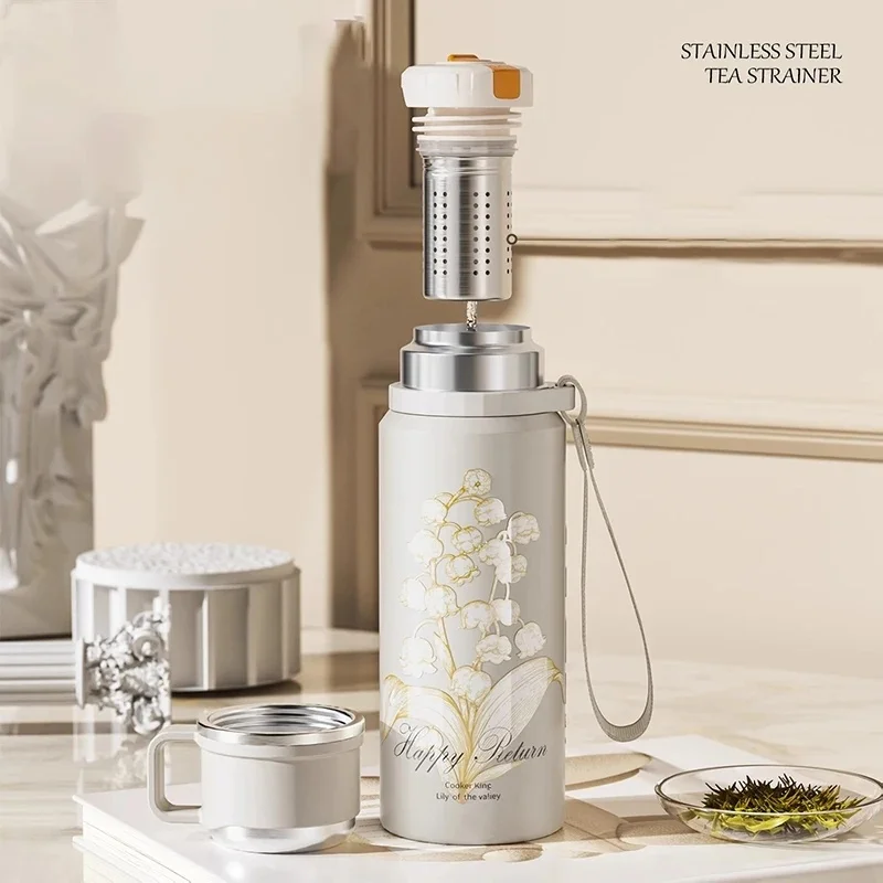 COOKER KING Thermos Water 600ml/800ml  Bottle Flower Pattern Tea Cup Stainless Steel Insulated Cup with Tea Strainer Tea Maker view 3