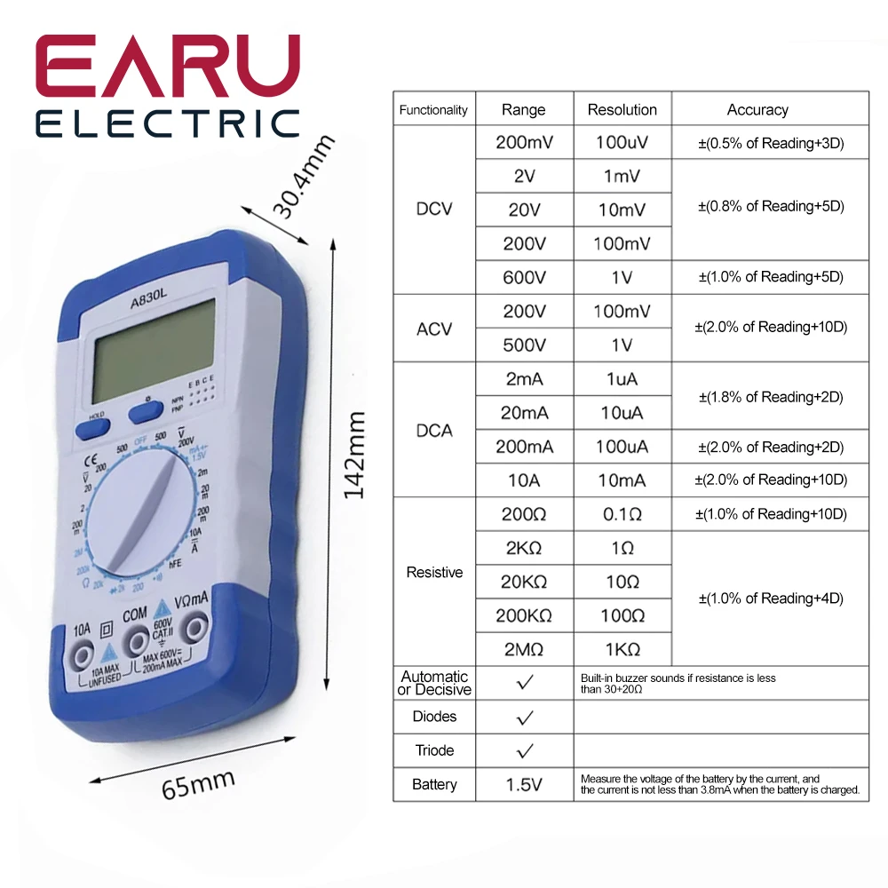 A830L LCD Digital Multimeter DC AC Voltage Diode Freguency Volt Tester Test Current Voltmeter Ammeter Meter Gauge Display Tool