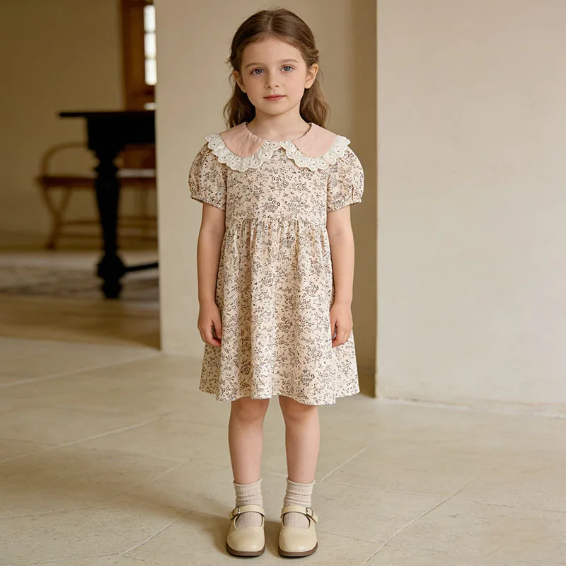 2026 Summer New Lace Doll Collar Floral Print Cotton Bubble Sleeves Medium Long Dress for Girls