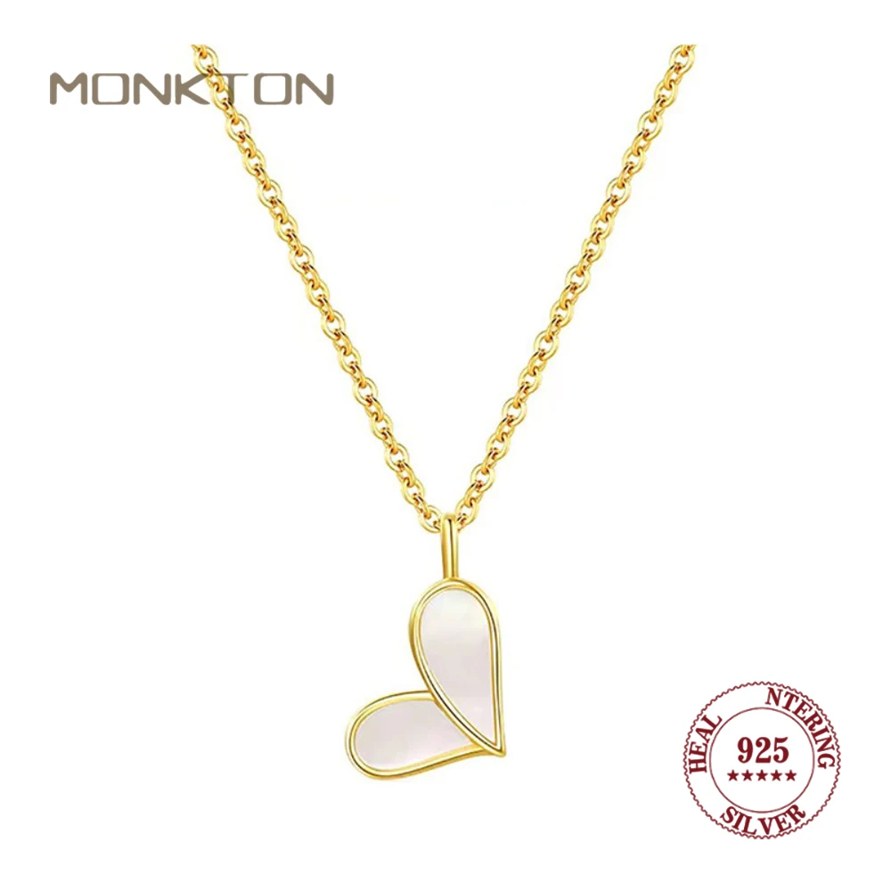 

Monkton 925 sterling silver Elegant Tone Double Heart Pendant Necklace with White Shell Inlay Minimalist Jewelry for Women