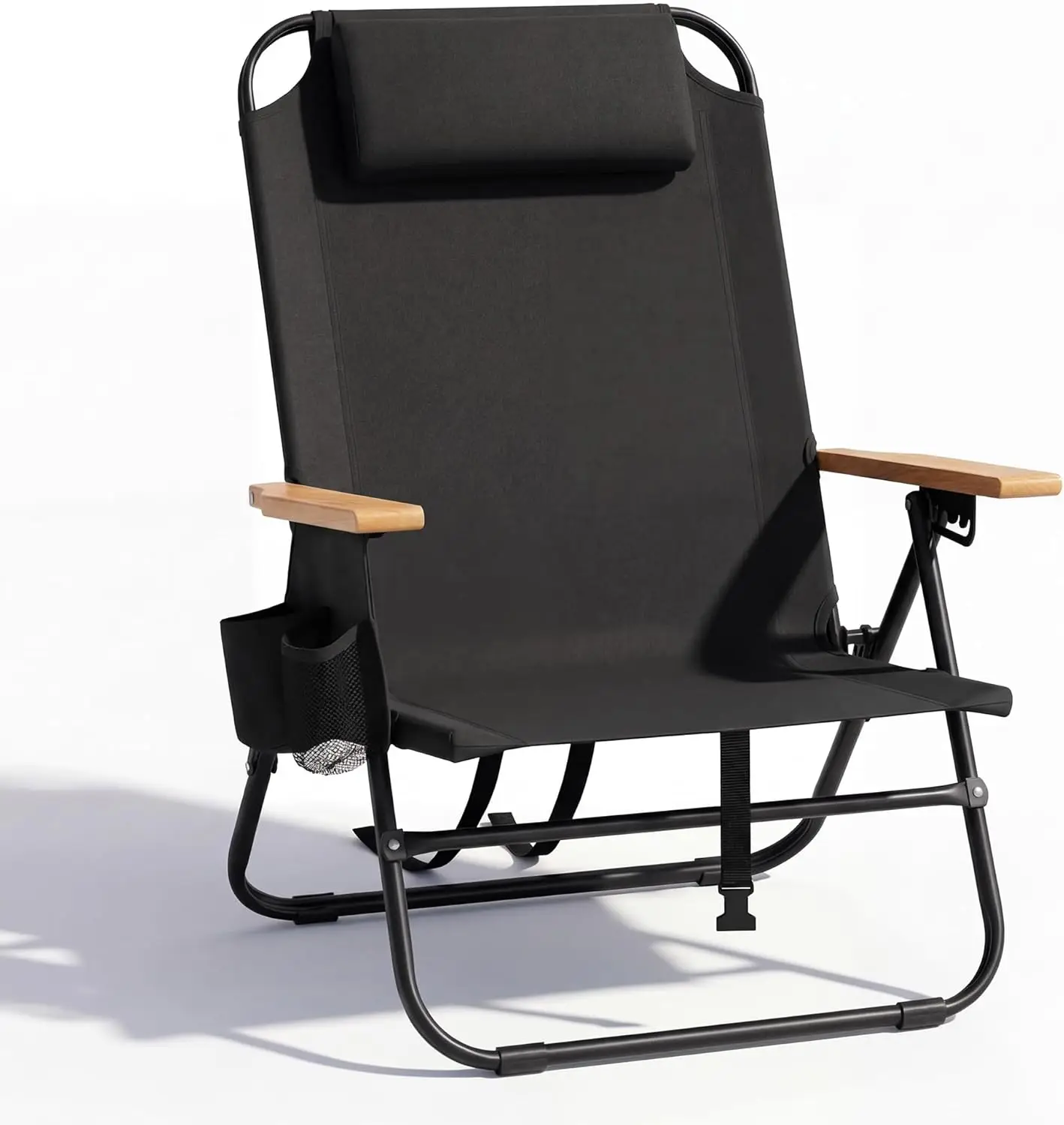 

Портативное пляжное кресло для взрослых, легкое кемпинговое кресло с деревянными подлокотниками, 5-позиционное регулирование наклона, подстаканник и карман на молнии