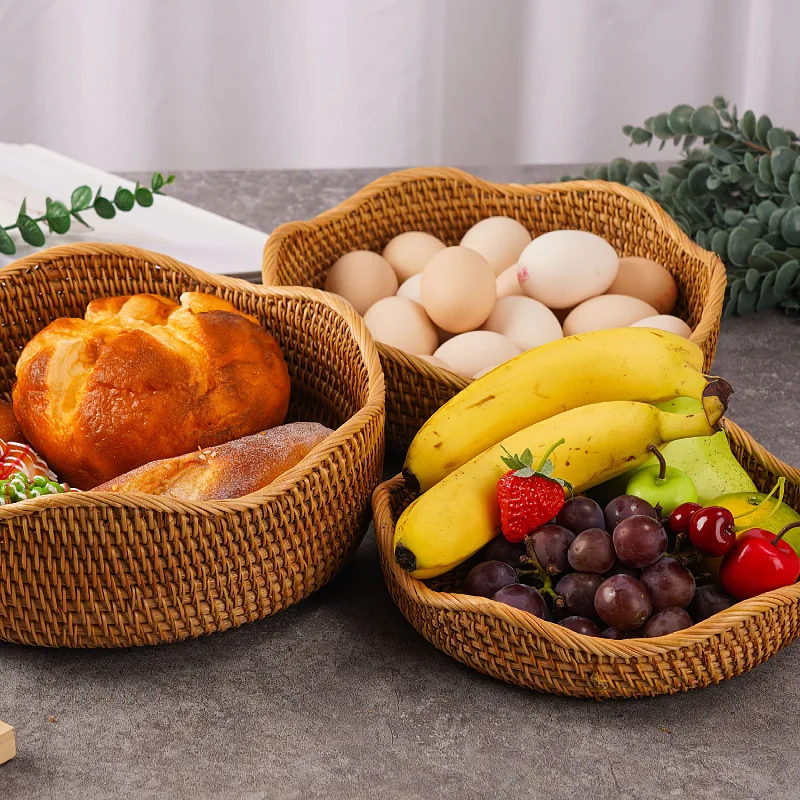 Vietnamese Rattan Woven Tray, Colorful Shell Weaved Snack Storage Basket, Dessert & Snack Tray, Fruit, Bread & Tea Serving Tray