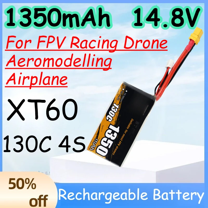 

1350mAh 4S 14.8V 130C Replace Rechargeable Lipo Battery for FPV Racing Drone Aeromodelling Airplane Battery with XT60 Plug