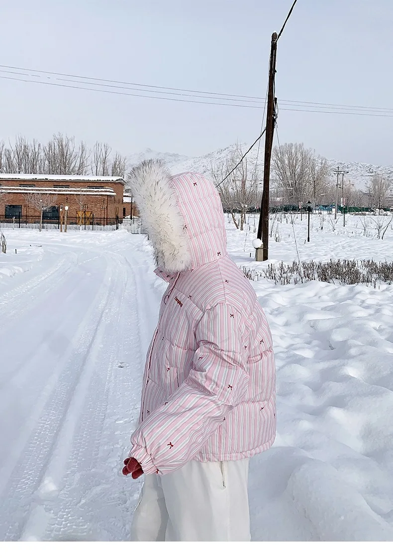 Korean Striped Bow Pattern Cropped Padded Jacket for Women Winter Hooded Coat with Faux Fur Collar Woman Sweet Thick Warm Parkas