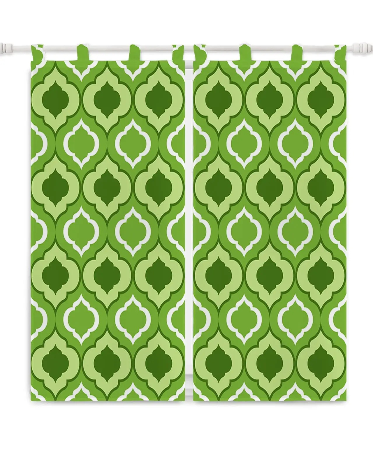 Kitchen Tiers Curtain Set 2 Panels, Green Moroccan Pattern Geometric Rod Pocket Small Curtains Treatments Light
