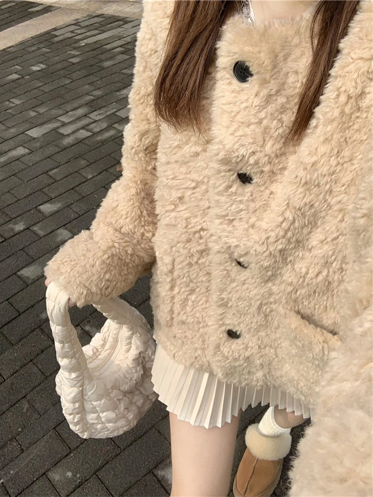 Otoño Invierno mujer piel de cordero Jaet Casual Sle leche té Color coreano Lazy Faion versátil ort prendas de vestir exteriores abrigo