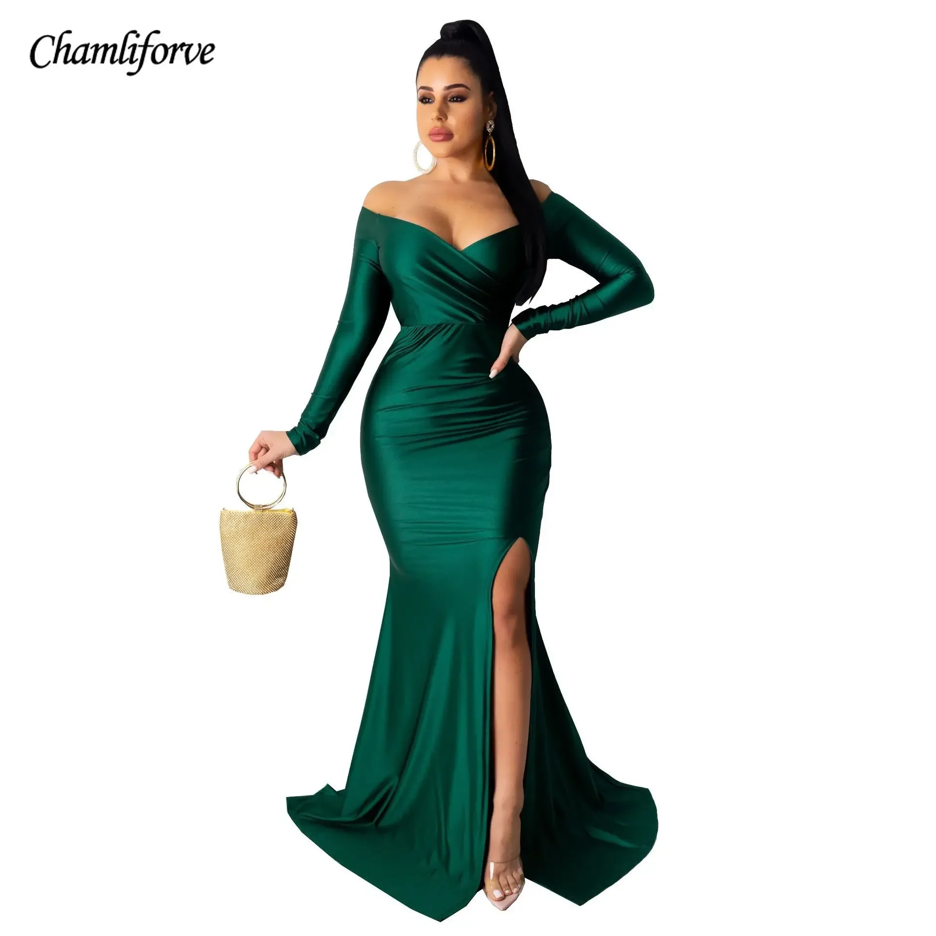 

Chamliforve 2023 Sexy Dress Nightclub V-neck Ceremony Dress Solid Color Long Slit Dress Autumn and Winter Long Sleeves