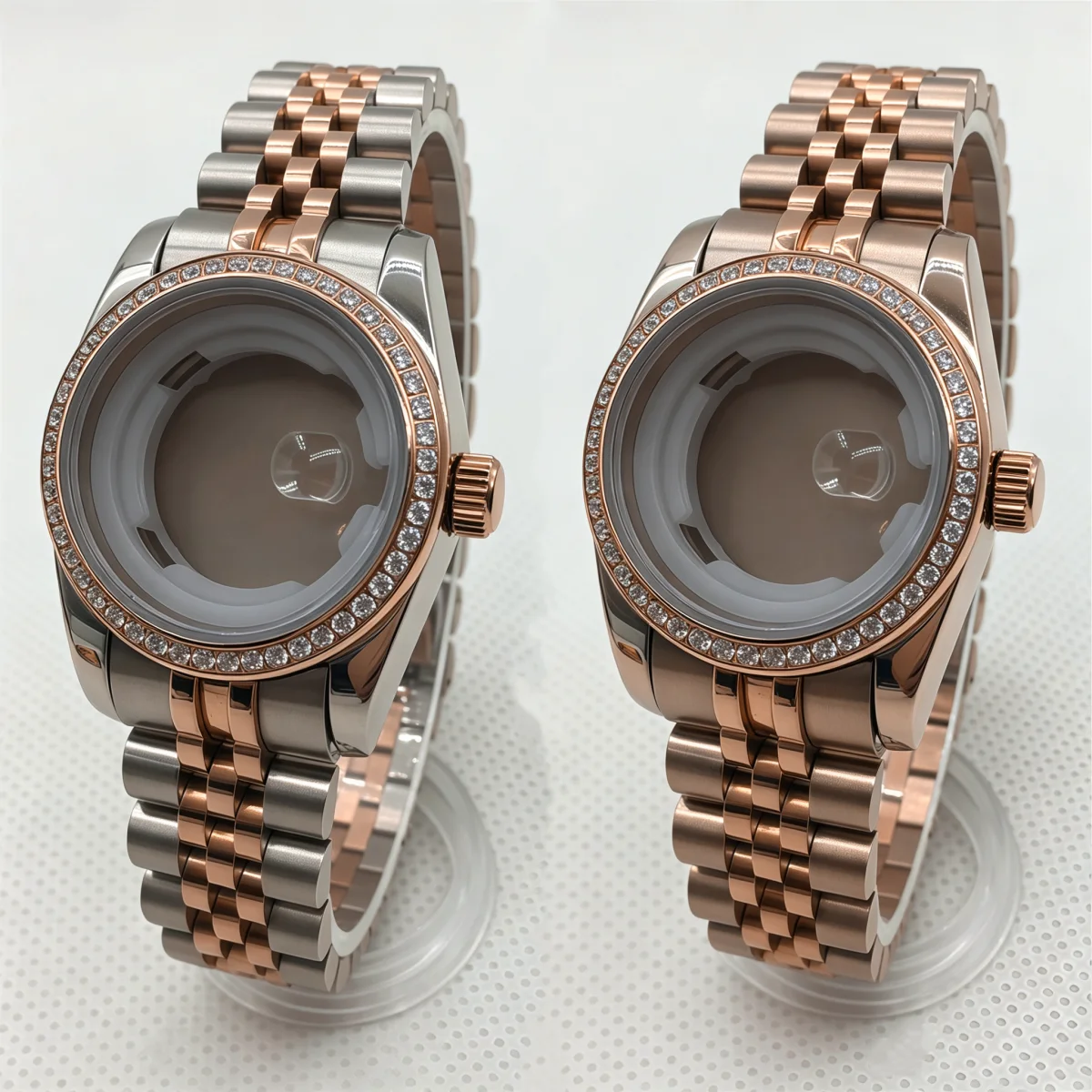 31mm Ladies' Rose Gold Watch Case with Stainless Steel Bracelet, Diamond Decorated Bezel, Compatible with NH05, NH06 Movements