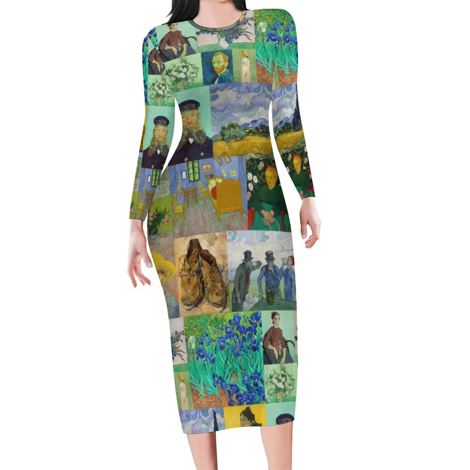 Vestido de Van Gogh con pinturas coloridas para mujer, moda urbana, Bodycon, manga larga, Vestidos estampados, talla grande, otoño