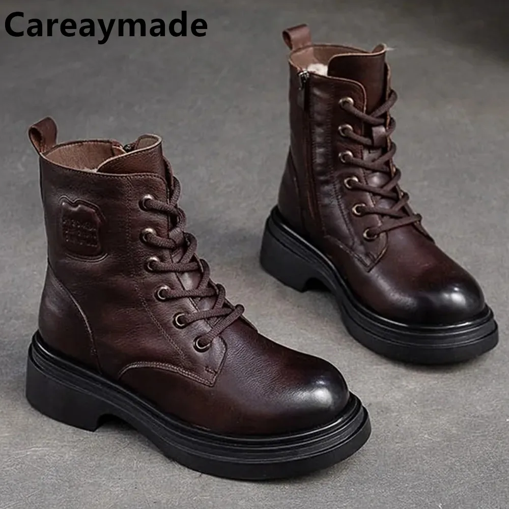 

Careaymade-British Style Women Winter Warm Shearling Boots Natural Wool Cow Leather Thick Heel Platform Casual Retro Ankle Boots