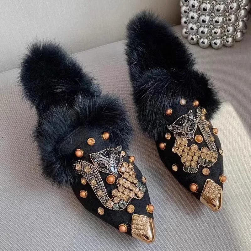 New Rabbit Fur Pearl Multi Cystal Cherry Fox Flats Loafers Crystal Studs pointy toe Winter Fur Causal Shoes Woman Footwear