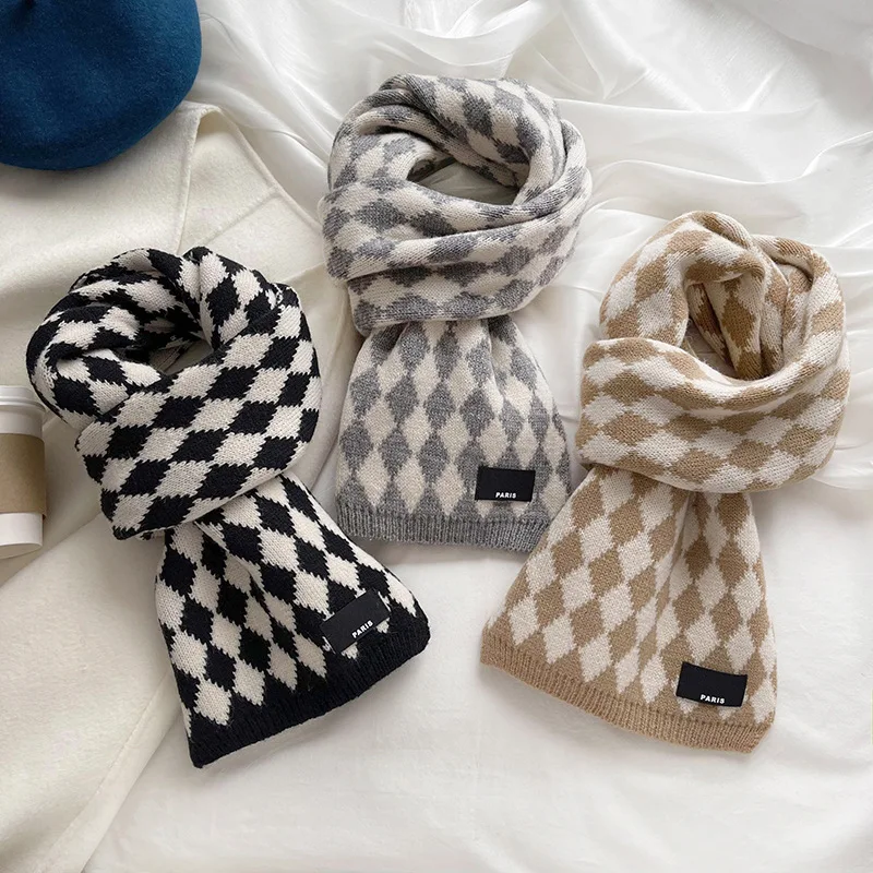 Fashion Classic Diamond Checks Knit Scarf Women Male Students Winter Neckerchief Warm Shawl