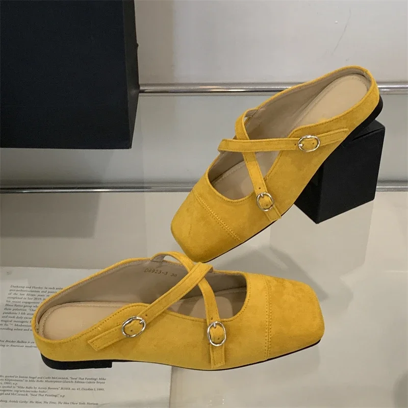 

Aneikeh Fashion Comfort Hollow Out Buckle Strap Ballet Flats Women Shoes Square Toe Slip-On Ladies Loafers Single Mules Mujer