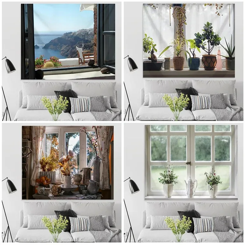 Window View Tapestry Warm Dormitory Bedside Decoration Home Wall Decoration Tapestry Bedroom Living Room Tapestry