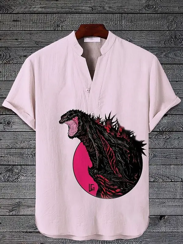 

2024 new shirt with giant monster print men's linen short sleeved shirt, summer new fashion shirt, popular in Europe and America