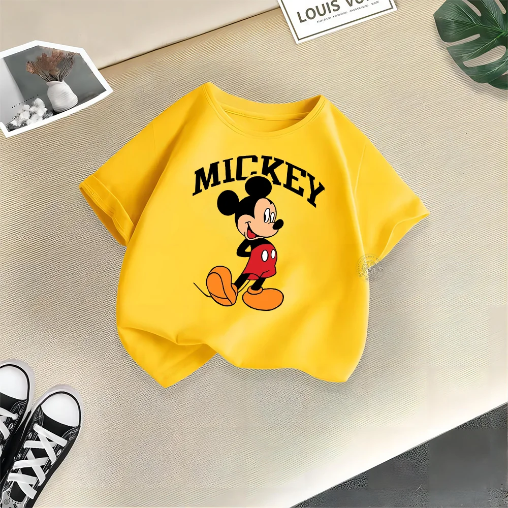 Disney Kids Clothing Summer 100% Cotton T-shirt Mickey Simple fashion printed crew neck T-shirt top Teen boys girls casual T-shi