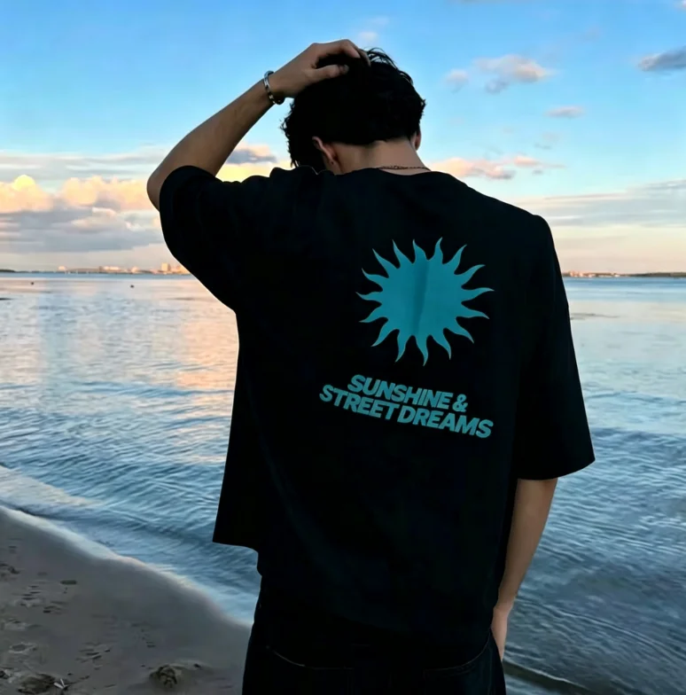 2026 Men Black Sun Graphic T Shirt Back Print O-neck Short Sleeve 