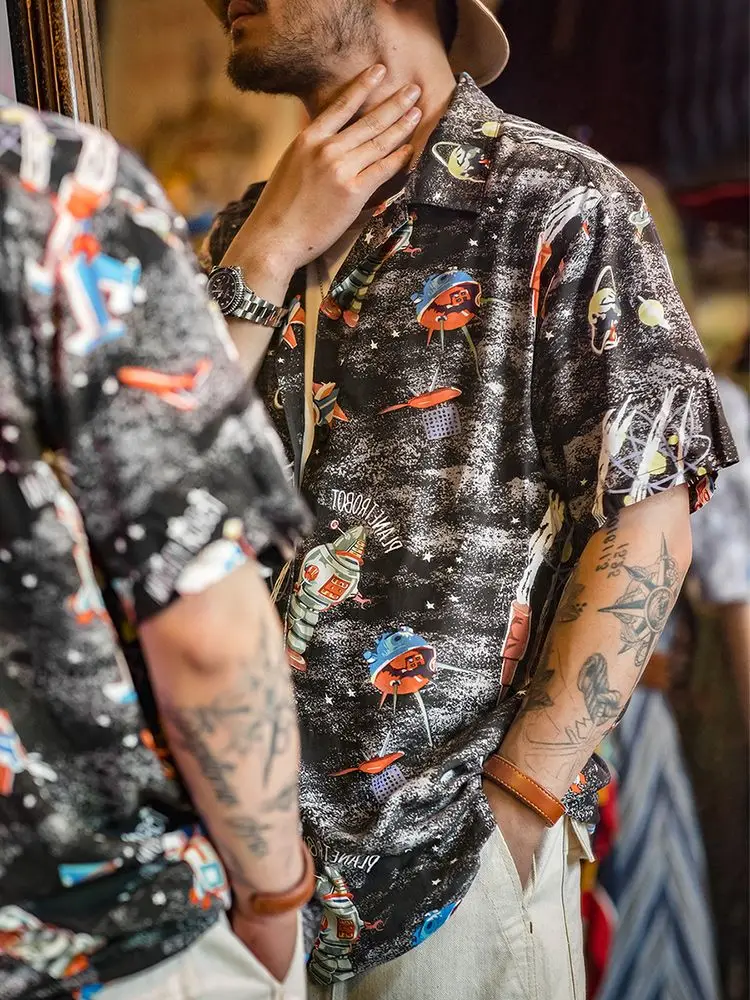 

Workwear retro versatile design space astronaut alien floral shirt short-sleeved drapey Cuban collar Hawaiian shirt for men