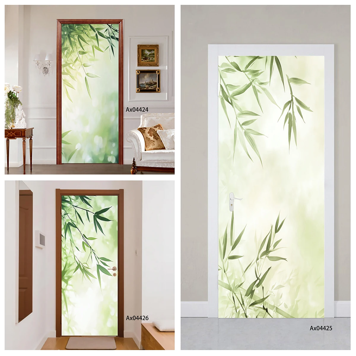 Ink Wash Light Green Bamboo Branch Vertical Door Sticker Self-adhesive Waterproof Vinyl Decal for Bedroom Interior Door Decor