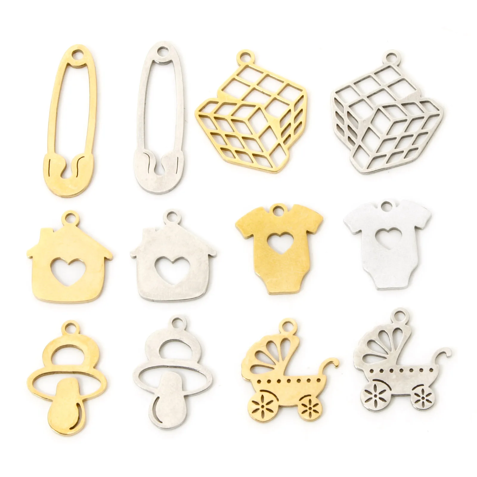 3 PCs 304 Stainless Steel Charms Hollow Nipple/Stroller/Love Heart House/Pin/Magic Cube Pendants DIY Necklace Jewelry Making