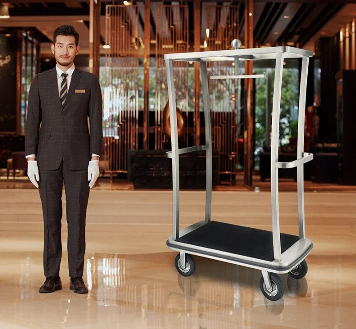 Modern Design Hotel Stainless Steel Luggage Cart Black Carpet Baggage Trolley for Bellman