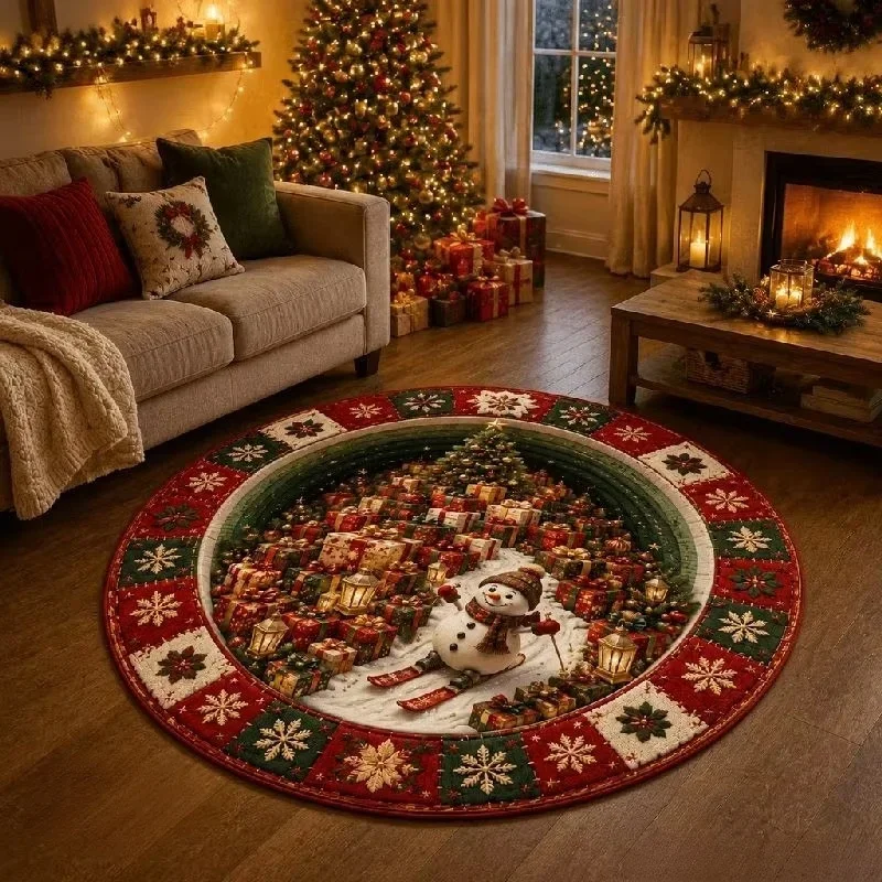 Round Christmas Area Rug Snowman Gift Box Reindeer Snowflake Print Floor Mat Xmas Living Room Home Decor Carpet