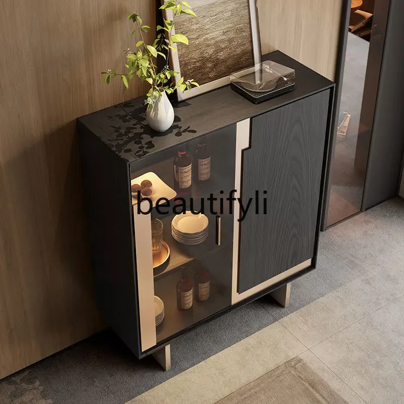 Modern simple side cabinet living room wall storage glass wine cabinet solid wood