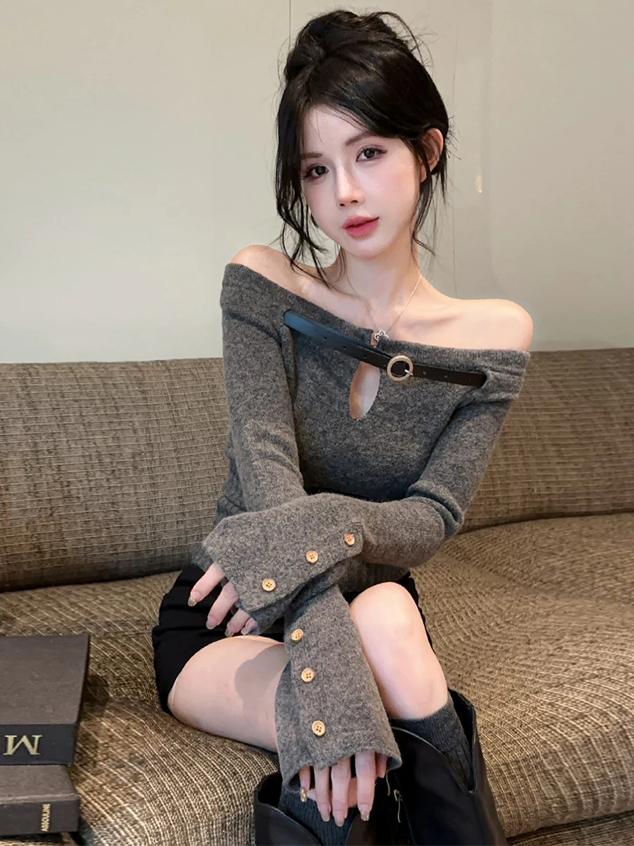 Korean Style Pure Desire Minimalist One Shoulder V-Neck Hollow out Design Long Sleeve Short Knitted Sweater Elegant Fashion Top