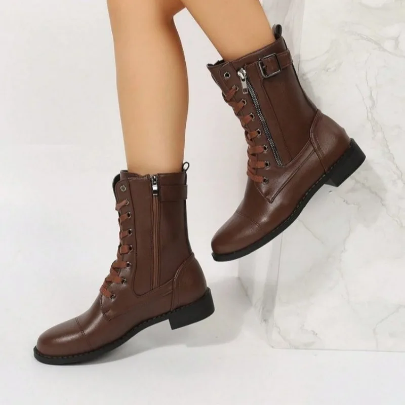 2023 Fashion Shoes for Women Mid-Calf Women's Boots New Belt Buckle Modern Boots Women High Quality Zip Square Heel Shoes Women